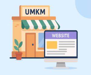Ilustrasi toko UMKM dengan komputer menampilkan halaman website, konsep digitalisasi bisnis kecil.